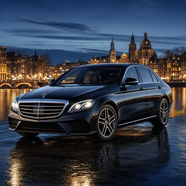 Luxe zwarte Mercedes sedan van Royal Taxi in Amsterdam
